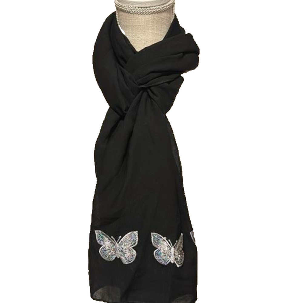 Studio Black Scarf With Silver Butterflies